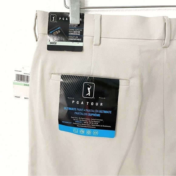 PGA Tour men Ultimate flat front golf pants light beige size 34x32 NWT - Picture 6 of 10